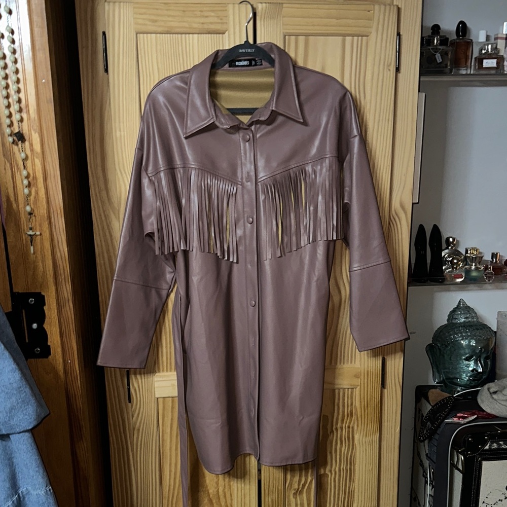Missguided Faux Leather Mauve Jacket with Fringe